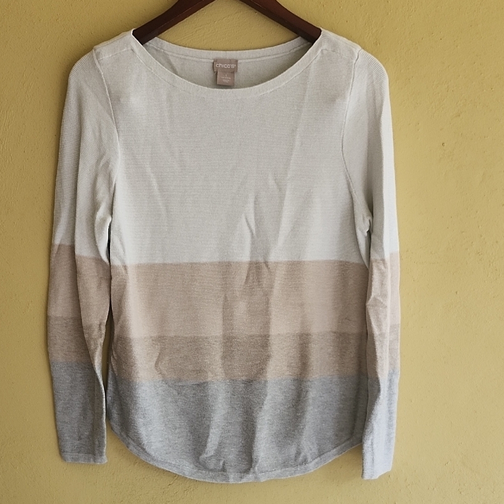 Chico's Women's Long Sleeve Colorblock Top - Cream, Tan, Gray